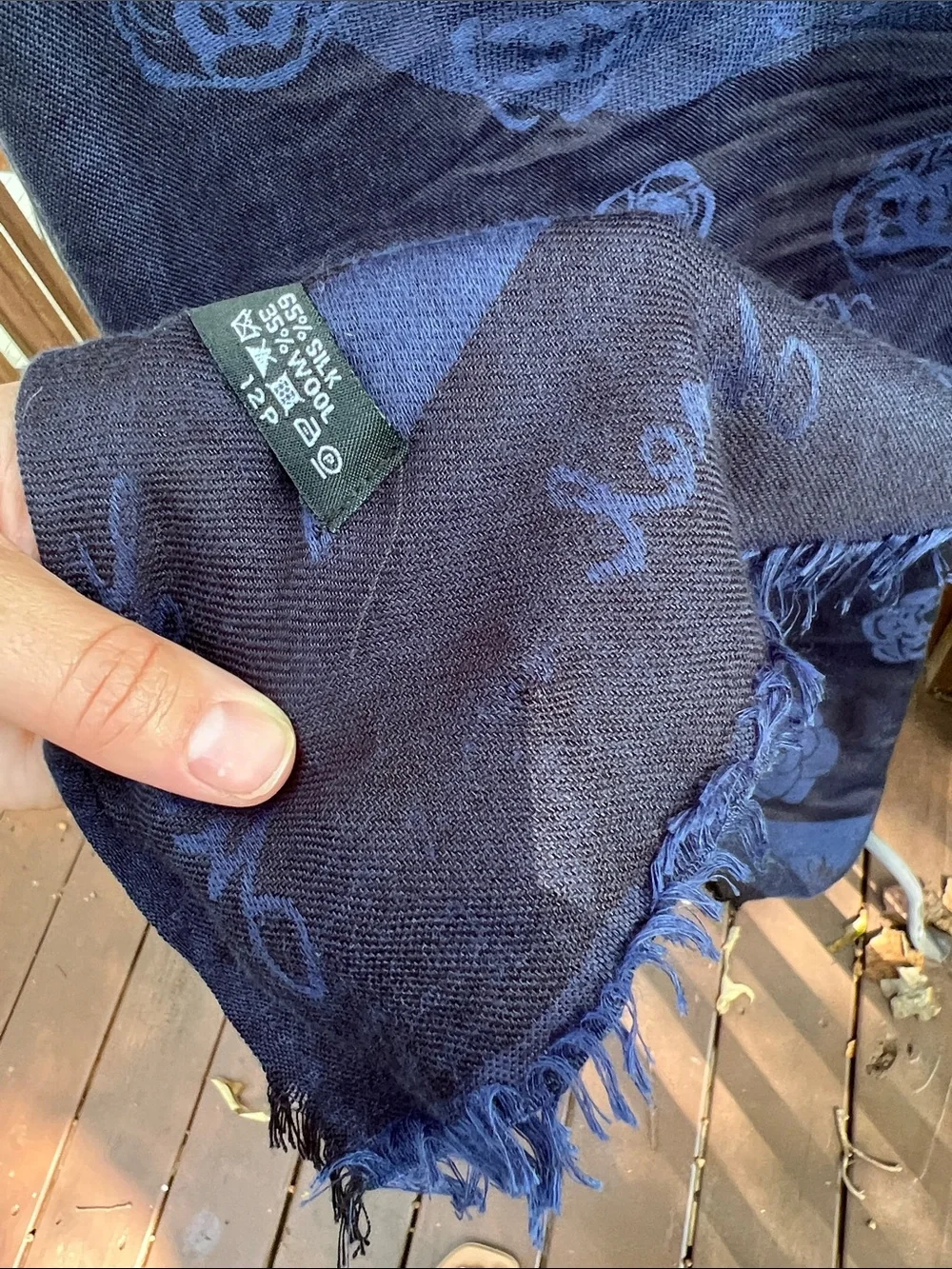 Chanel • Oversized Camellia Silk Wool Logo Scarf / Shawl – Navy Blue Spring 2012